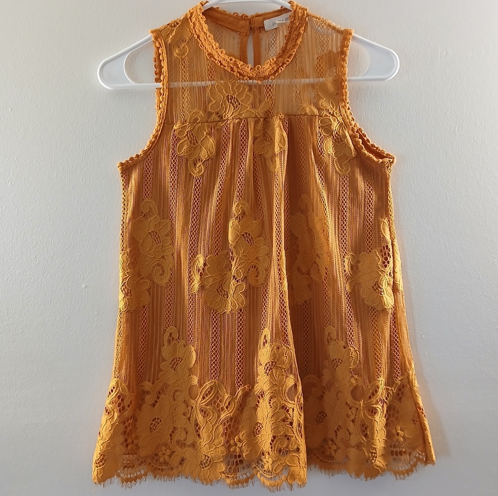 Orange Floral Lace Sleeveless Fall Top